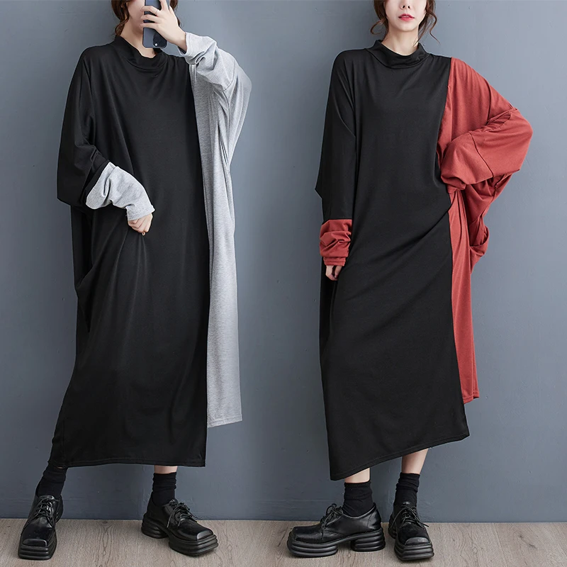 

Платье больших размеров осенне-зимнее, новинка, в стиле колор-блок, с рукавами «летучая мышь», асимметричное, свободного кроя, стройнящее, с высокой эластичностью, базовый слой, женское