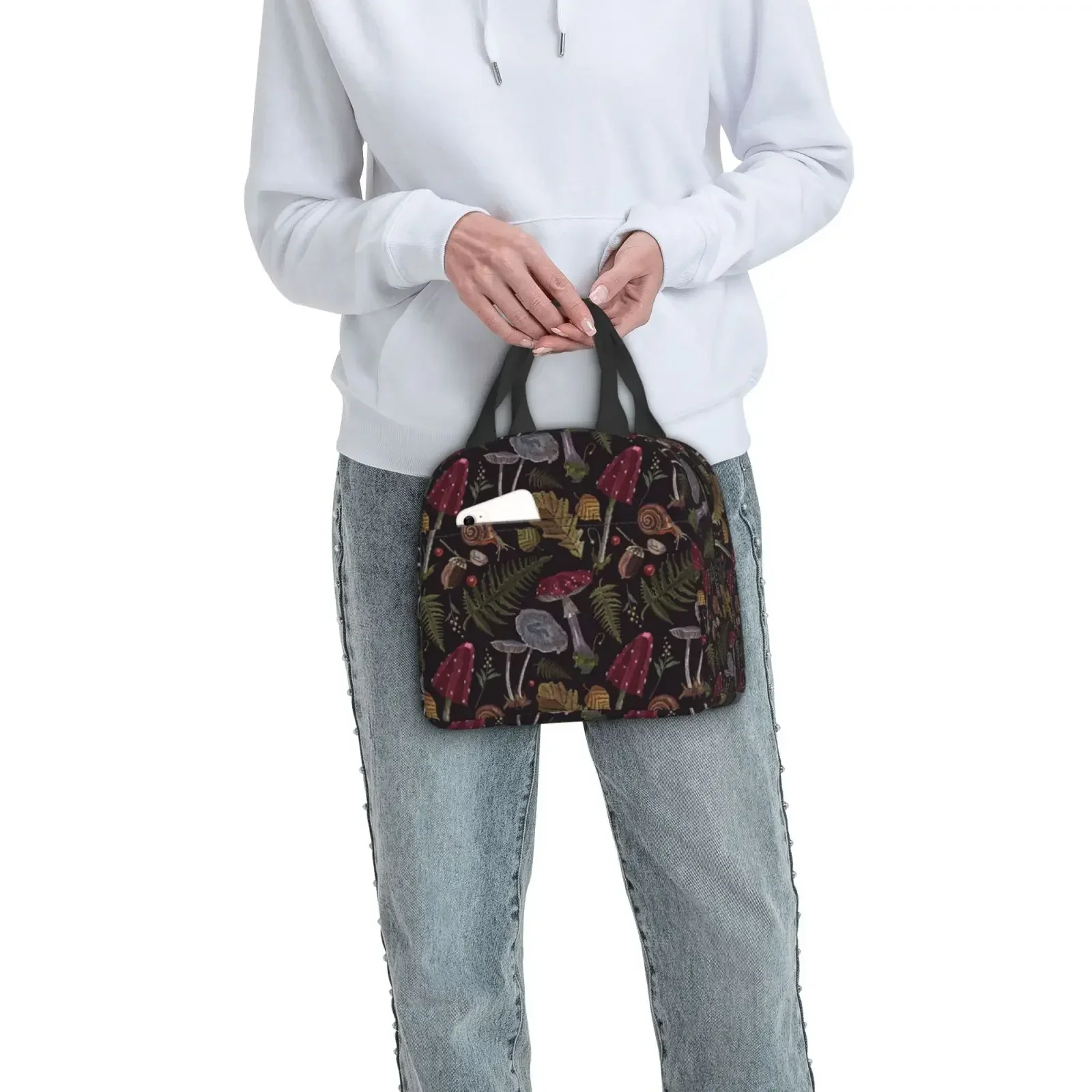 Thanksgiving Mushrooms Harvest Botanical Night Garden Print Lunch Bag Portable Thermal Oxford Tote Bag for Work School Travel