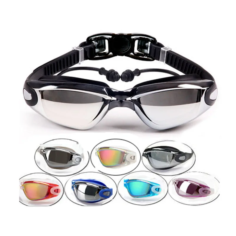 Professional Adluts Swimming Goggles Electroplate Anti-Fog Swimming Glasses with Earplugs uv Prescription Lens Silicone eyewear