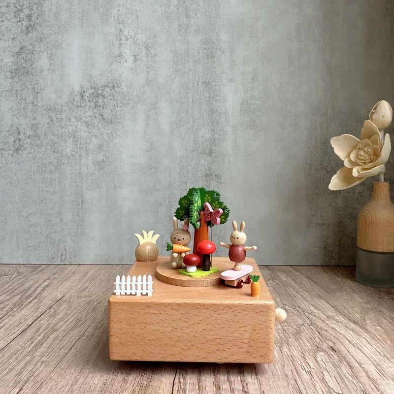 

Skateboarding bunny handmade wooden music box, small mushroom micro landscape music box, music box, children's festival wooden c