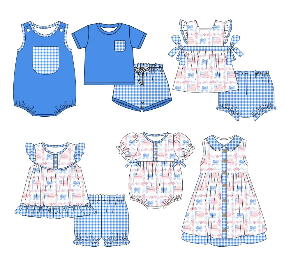 

New Independence Day boutique children set pearl star bow flag print shorts lace girl boy plaid shorts set baby romper and dress