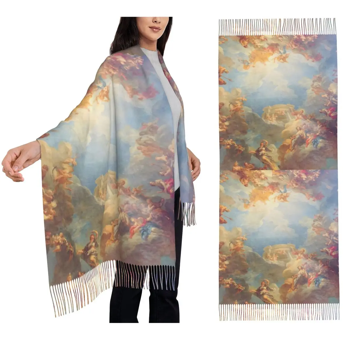 ديكور السماء الدرامية عصر النهضة الملائكة وشاح مربع شرابة الأوشحة النساء شالات دافئة لينة ويلتف طويل الخريف الشتاء شال التفاف