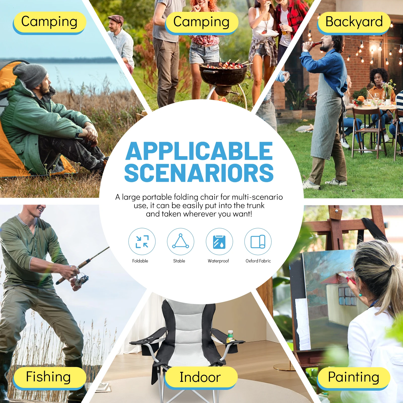 Portable Folding Outdoor Oxford Folding Camping Chairs Beach Fishing Chairs for Park Use with Cooler Bag