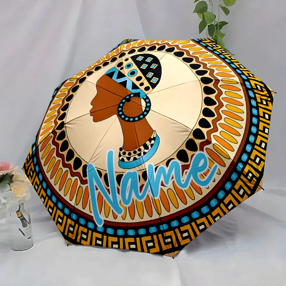 Custom Name Umbrella Artistic Umbrella with Tribal Design Print 8 Iron Ribs Folding Umbrella Auto-Open Fashion Sunshade