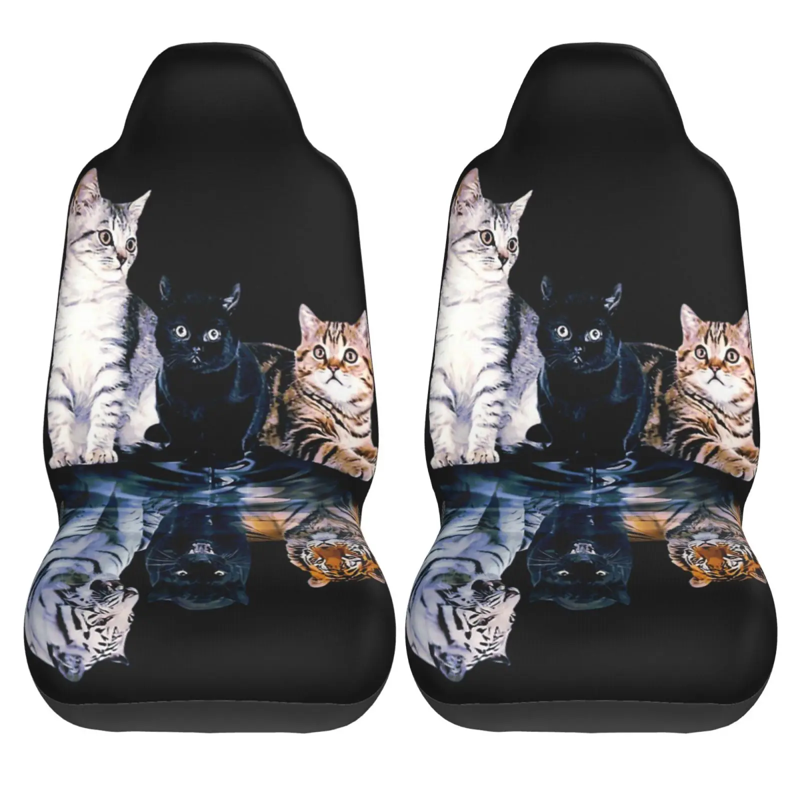 

Cats Reflection Mirror Lion Cheetah Tiger Print Car Seat Cover 2pcs Printing Universal Front Protector Accessories Cushion Set