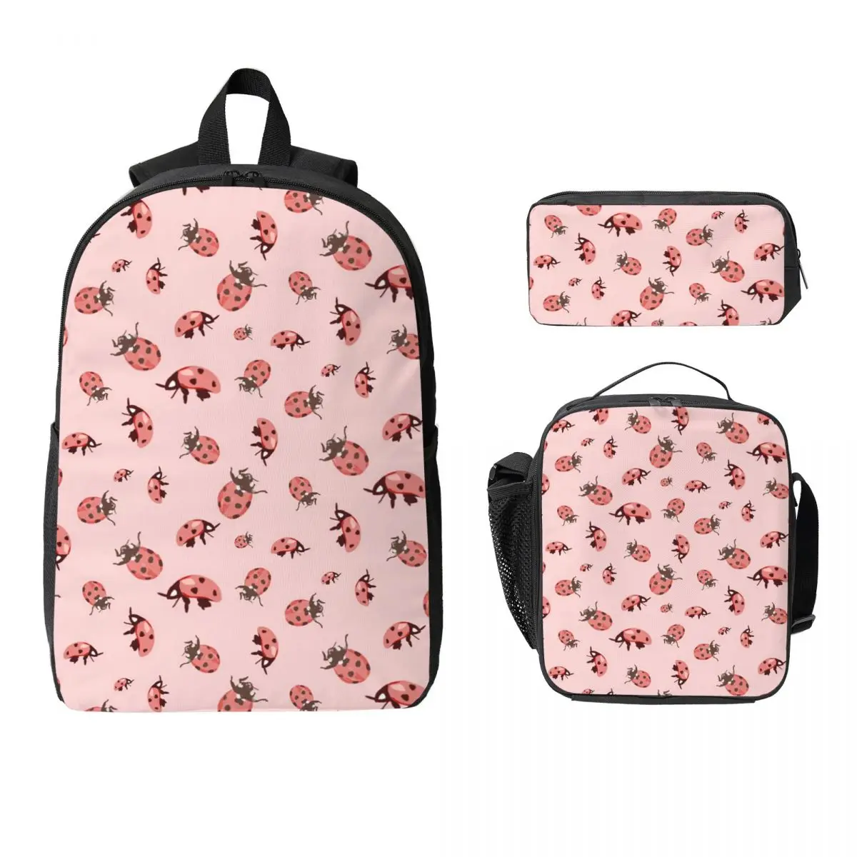 Cute Ladybug Pattern Whimsical Insect Backpack BookBag School Bag Computer Shoulder Bags 3ps Insulated Lunch Bag Pencil Case