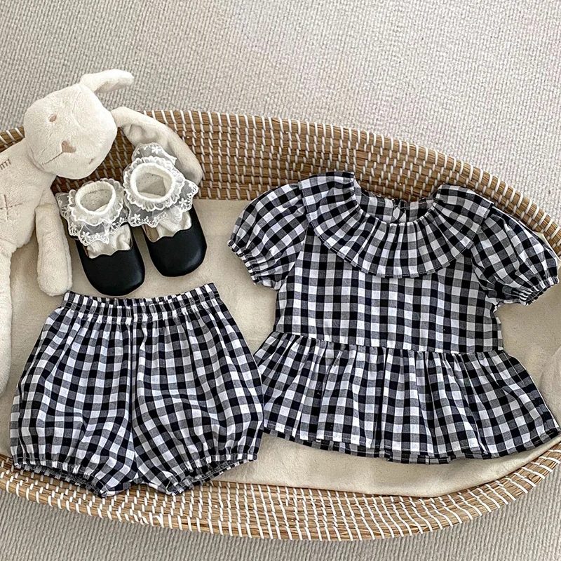 2024 New Summer Infant Baby Girls Clothing Set Short Sleeved Cotton Lattice Shirt+Shorts Toddler Baby Girl Clothes Suit