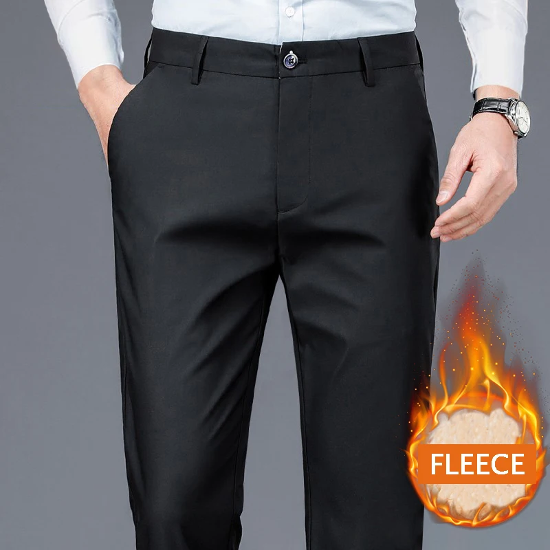 Mens Fleece Stretch Pants Smart Casual Suit Pants Autumn Winter Thick Warm Trousers Man Big Size Loose Straight Dress Pants