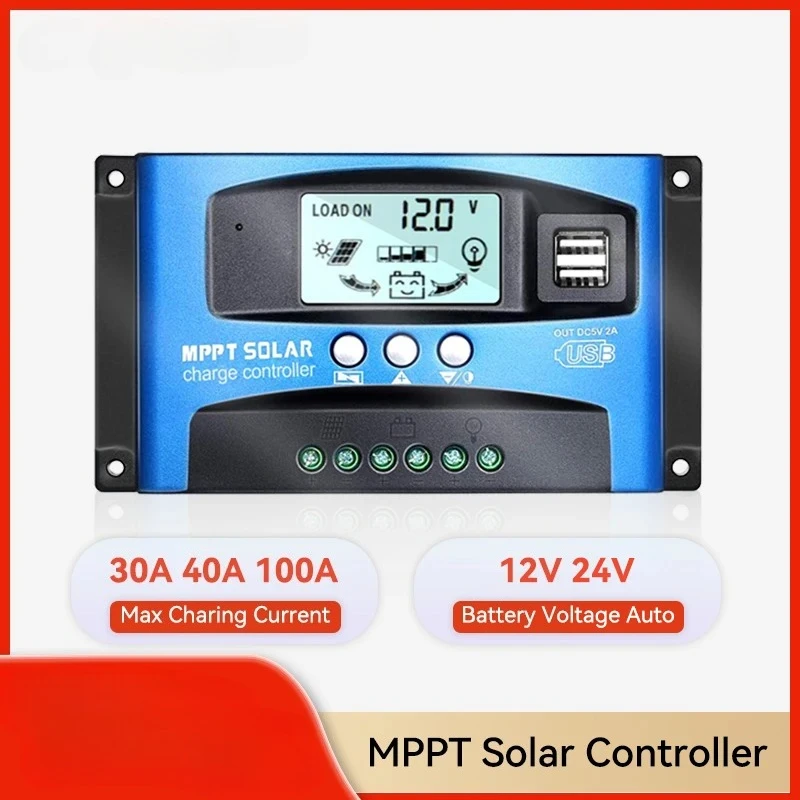 Controlador de carga Solar MPPT 30A 40A 60A100A 12V 24V regulador Solar automático con LCD máximo PV 50VDC controlador de carga Solar