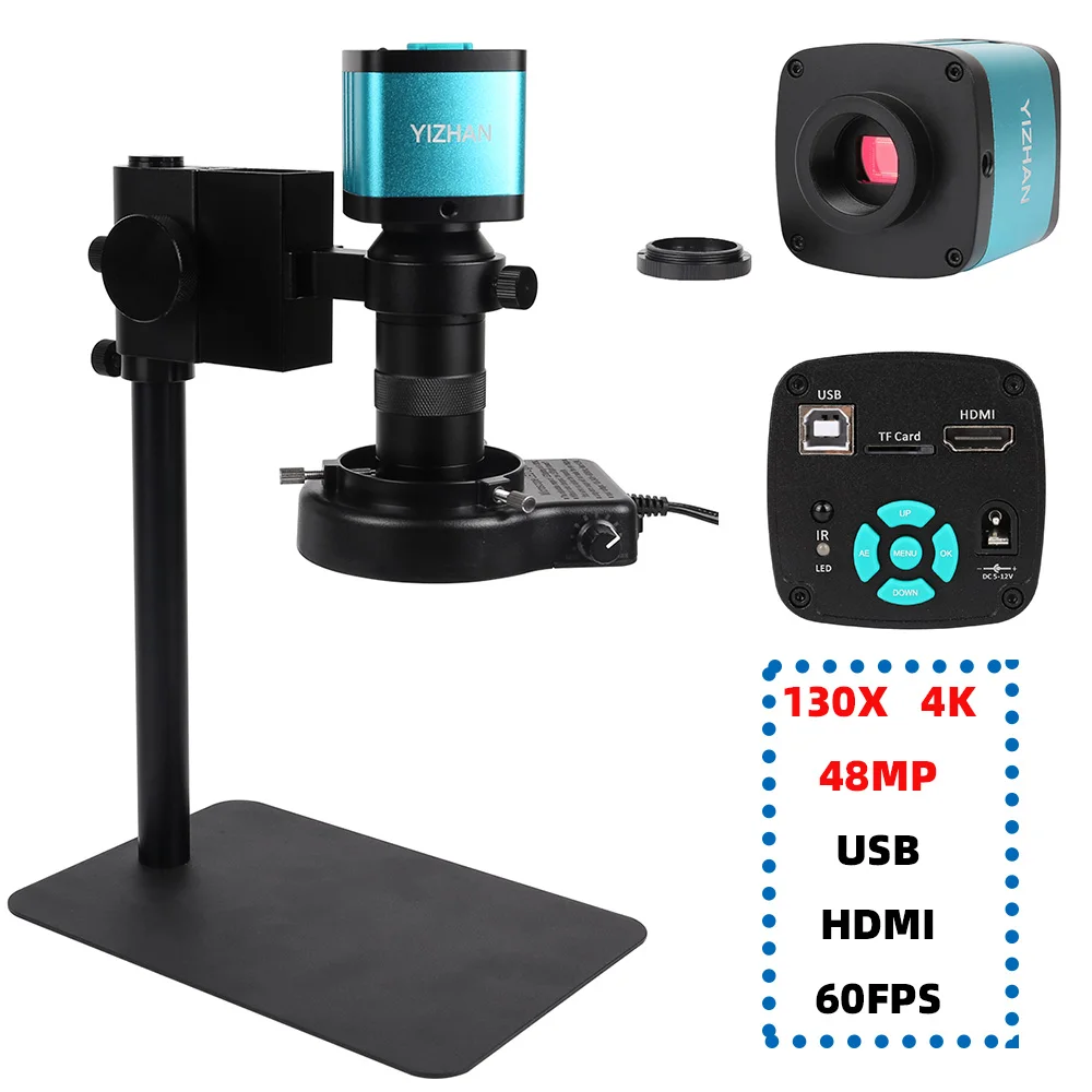 

4K Digital Video Monocular Microscope Zoom 130X Lens With CCD HD-MI 48MP 60FPS 1080P Industrial Camera LED Ring Light PCB Repair