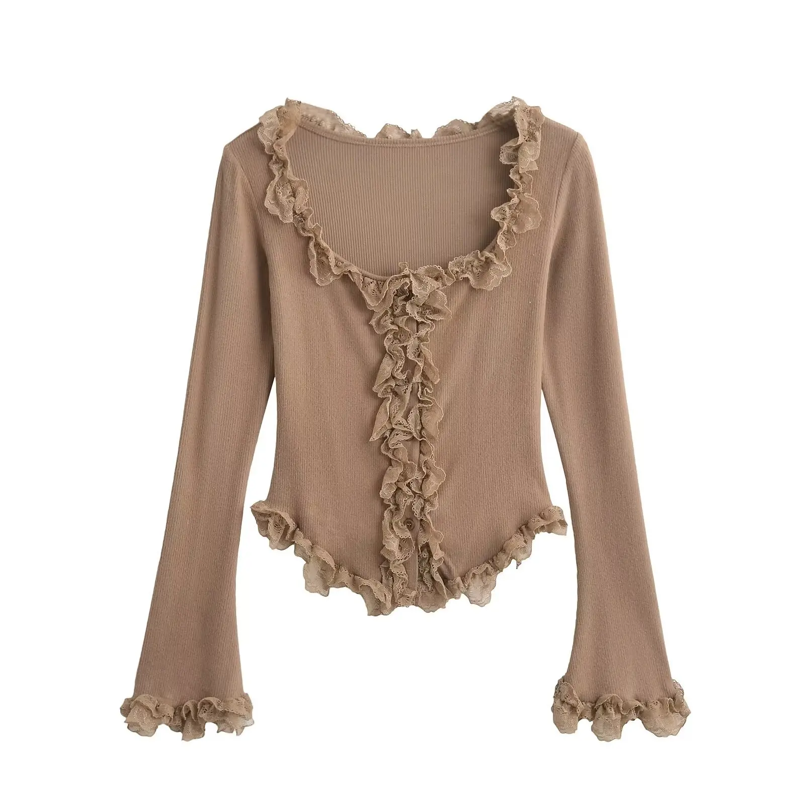 2025 New French Style Lace Peter Pan Collar U Neck Bell Sleeve Blouse