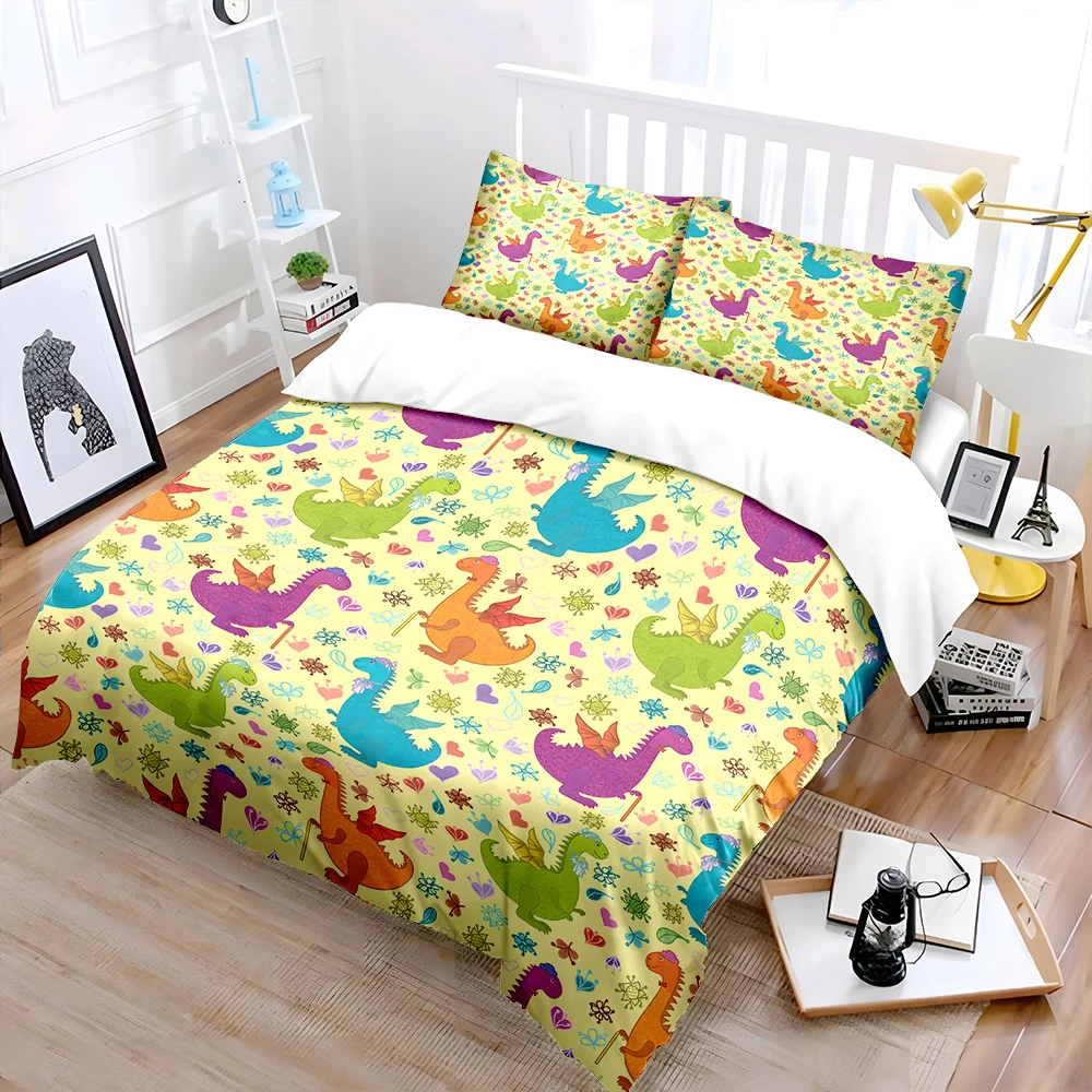 Cartoon dragons with colorful Pattern Duvet Cover Set Digital Print Colorful Polyester Bedding with Zipper Closur for kids gifts