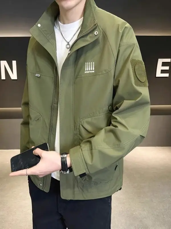 

Loose Fit Stand Collar Men's Jaet Spring Autumn Workwear Sle Casual Outerwear Comfortable Polyester Fabric Long Sve