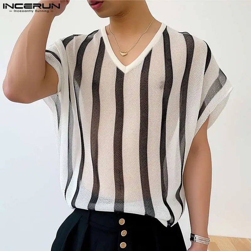 INCERUN Tops 2024 Korean Style Fashion Men\'s Large Stripe T-shirts Casual Street Personality V-neck Short Sleeved Camiseta S-5XL