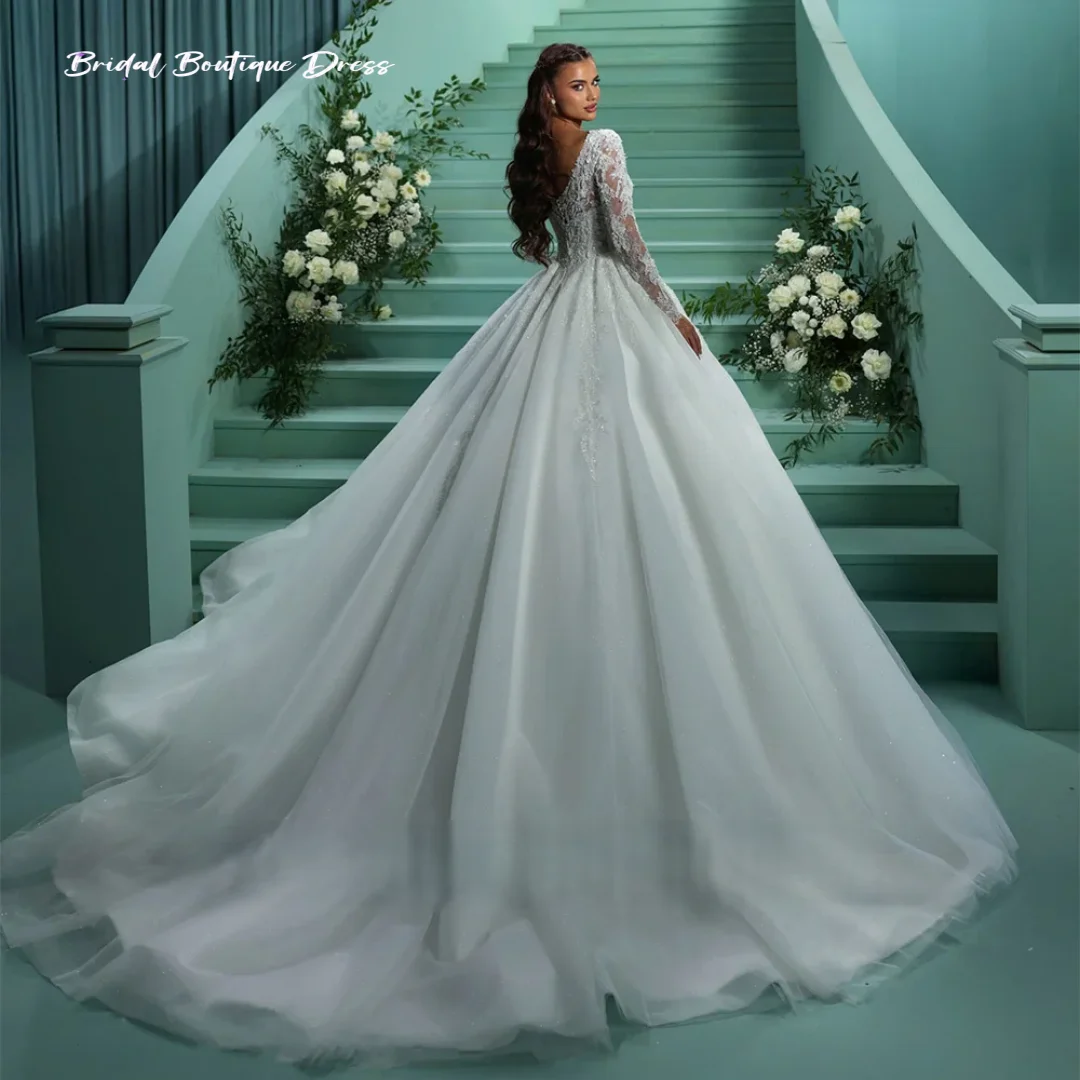 Splendido abito da sposa personalizzato maniche lunghe perline paillettes applique in pizzo Sweep Train abito da sposa per la sposa Vestido De No