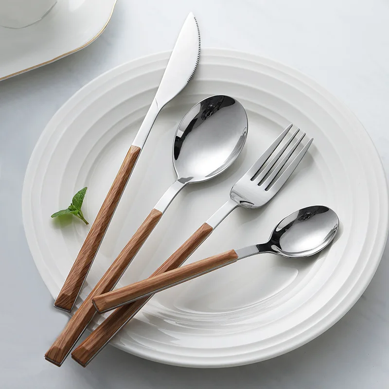 

Stainless Steel Imitation Wooden Handle Tableware Set, Knife, Fork, Spoon, Japanese, Korean, Steak, Meal, Dessert, Western Food,