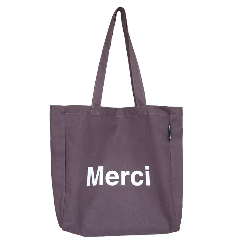 Merci Women Big Canvas Shoulder Bags French Print Eco Friendly Grocery Shopping Bag Cotton Cloth Handbag Casual Tote For Ladies