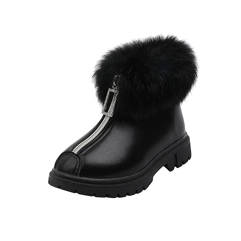 Children\'s Fashion Boots Winter Warm Plus Velvet Zipper Girls Chelsea Boots Leather Waterproof Casual Stuffed Fluffy Boots Shoes