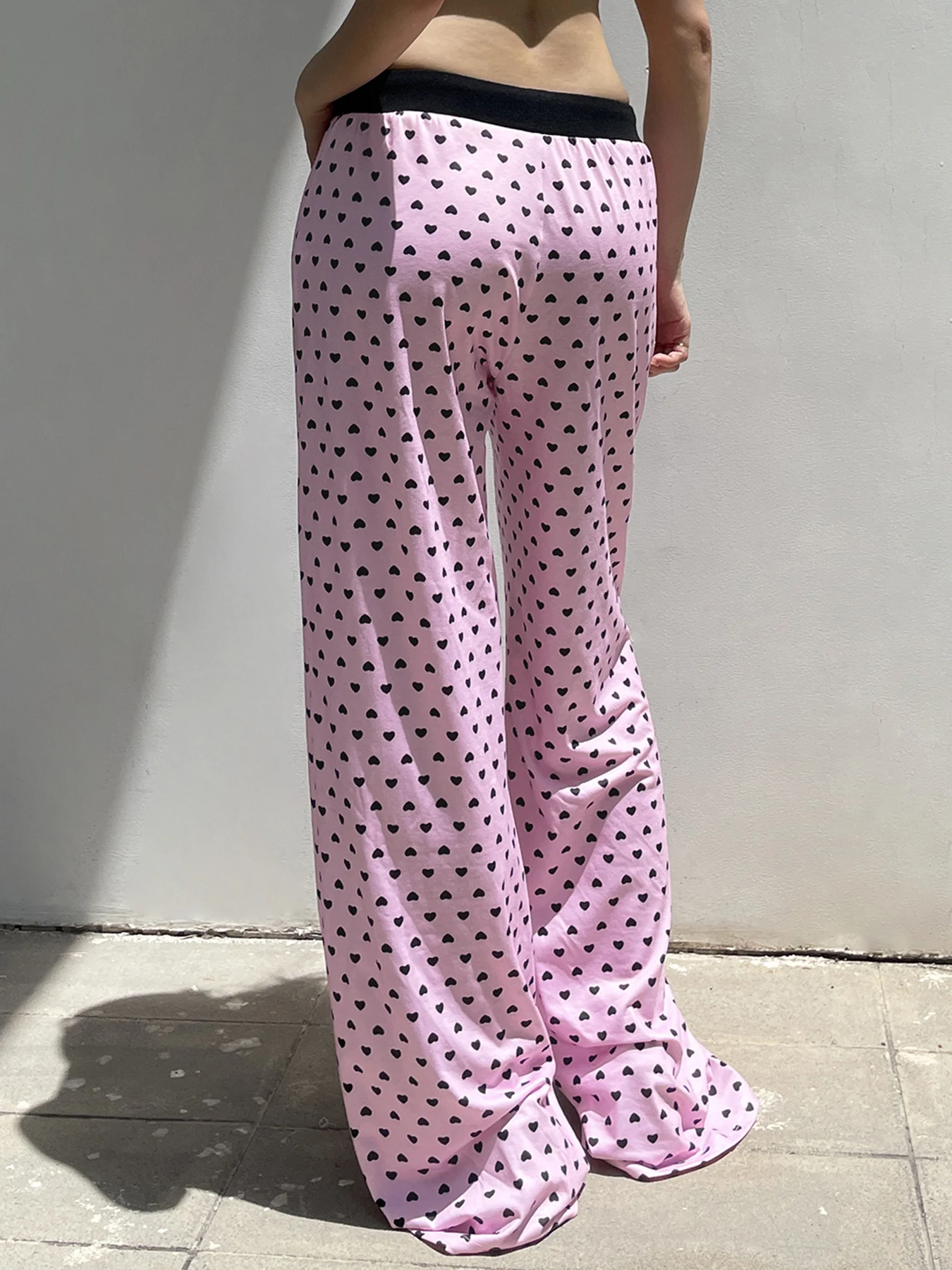 Rockmore Y2k Pink Love Print Casual Pants Harajuku Women Homewear Mid Waist Drawstring Elastic Loose Trousers All Match Clothing