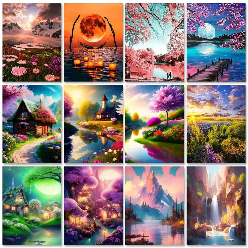

SDOYUNO 5D Diamond Painting Landscape Cross Stitch Kit Full Round Diamond Embroidery Painting Handmade Mosaic Home Decoration