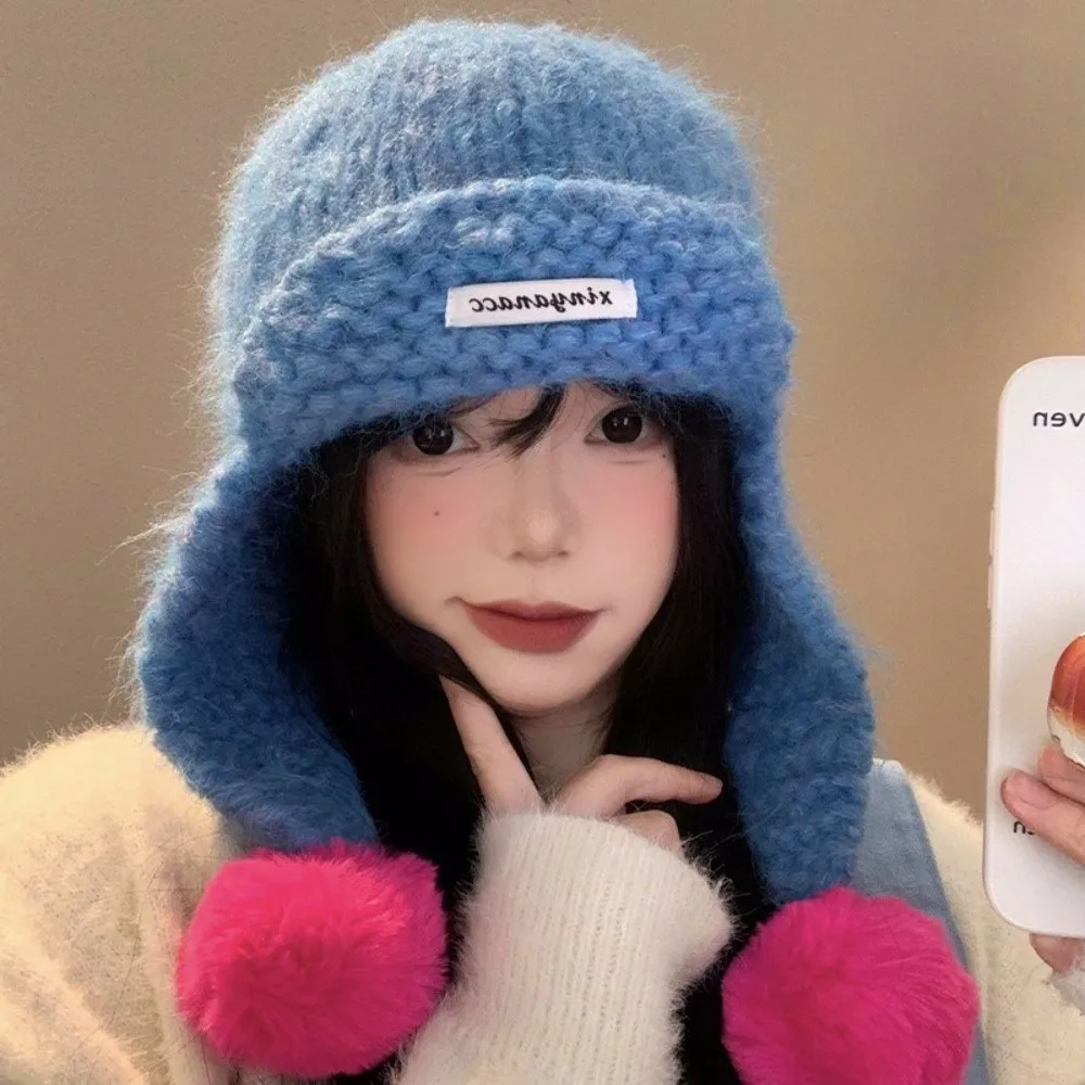 

Korean Autumu Winter Women Knitted Cap Sweet Y2k Warm Beanie Hats Fluffy Pom-pom Versatile Ear Protection Caps Girls