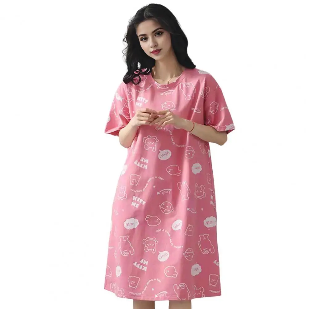 Homewear Dress Women Nightgown Cartoon Print Women\'s Summer Nightgown O Neck Loose Pullover Dress for Lady Sleepwear Knee Length