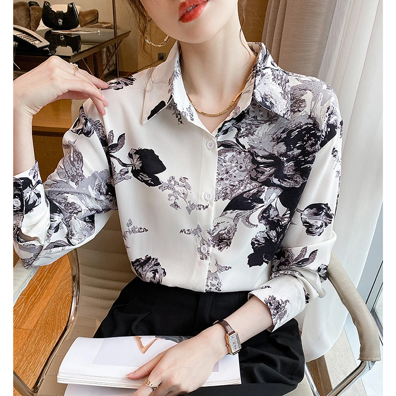 Women Spring Fashion Loose Sweet Printing Chiffon Turn-down Collar Long Sleeve Shirts Women Clothes Casual All-match Trend Tops