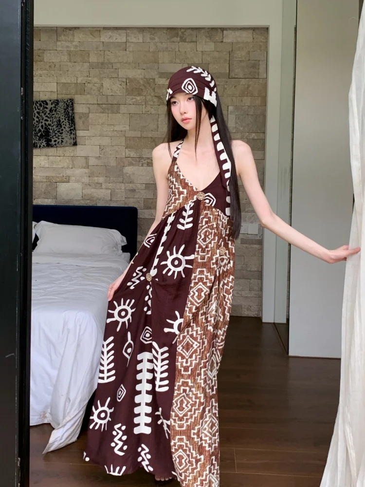 CHEERART Boho Tribal Patchwork Marrone Abito lungo per donna 2025 Estate Backless Scollo a V Una linea Halter Maxi Dress Abiti da vacanza