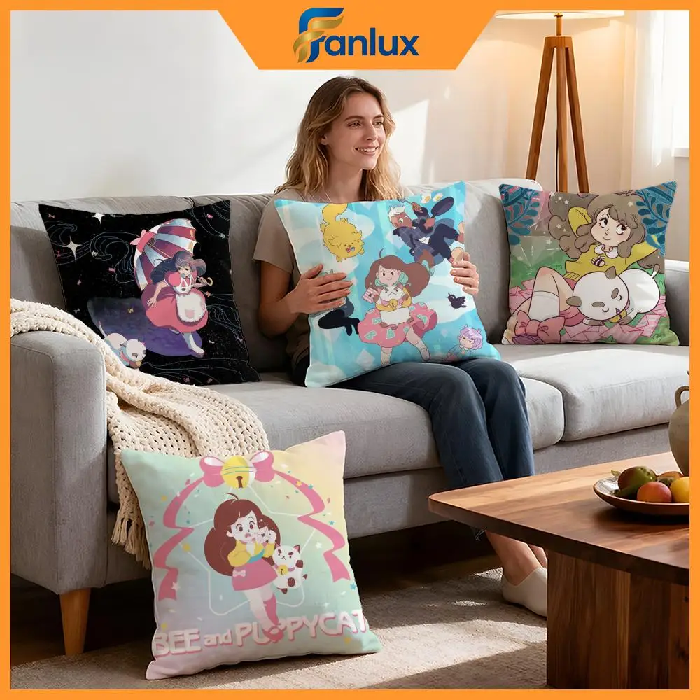 Cartoon Bee And Puppycat Cushion Cover 4Pcs Decorative Covers Soft Cushion Case for Sofa Couch Decor 40x40 45x45 Pillowcases