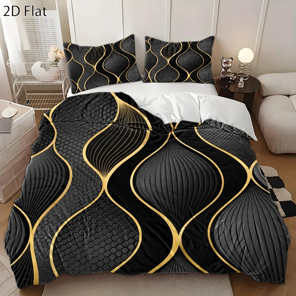 3Pc Luxury Black and Gold Ripple Quilt Cover Set, 1 Quilt Cover + 2 Pillowcases, Three-Piece Bedding Set, Suitable for All Seasons, Machine Washable Bedding Set, Invisible Zipper, Personal Bed Cover Suitable for Home, Dormitory, Master Bedroom, Guest Room, Honeycomb Texture Embossed Large Quilt Cover Set, Modern Minimalist High-End Bedding Set, Soft, Skin-Friendly, Durable, Easy-Care Quilt Cover Set, Suitable for Home and Hotel Use