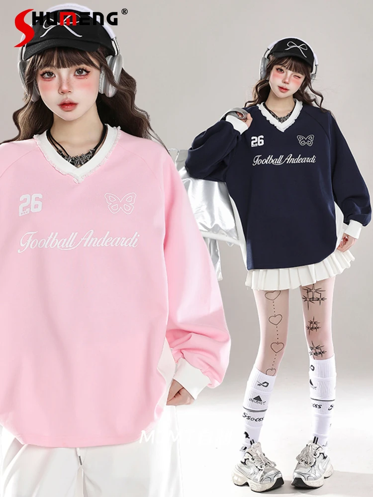 

Japanese Sweet Sports Style Letter Printing Lace Splicing V-neck Long Sleeve Sweatshirts Loose Casual Pullover Top Women Autumn