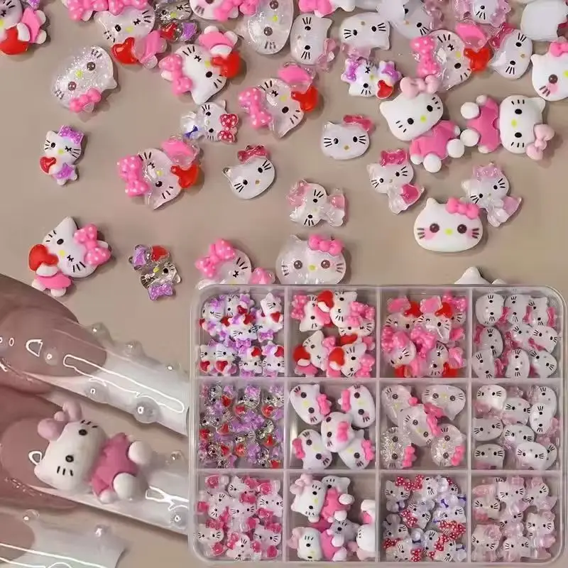 95PCS 12‑Grids Box Mixed Hello Kitty 3D Nail Charms Cute Resin Cartoon Ornaments Kawaii DIY Nail Art Manicure Decor
