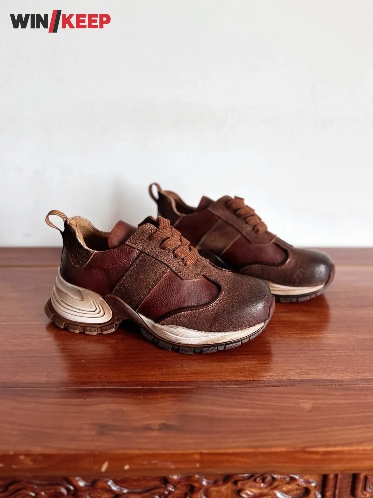 

Women Retro Lace Up Cow Genuine Leather Spliced Design Running Shoes Thick Bottom Height Increasing Shoes Ladies Sports Sneakers