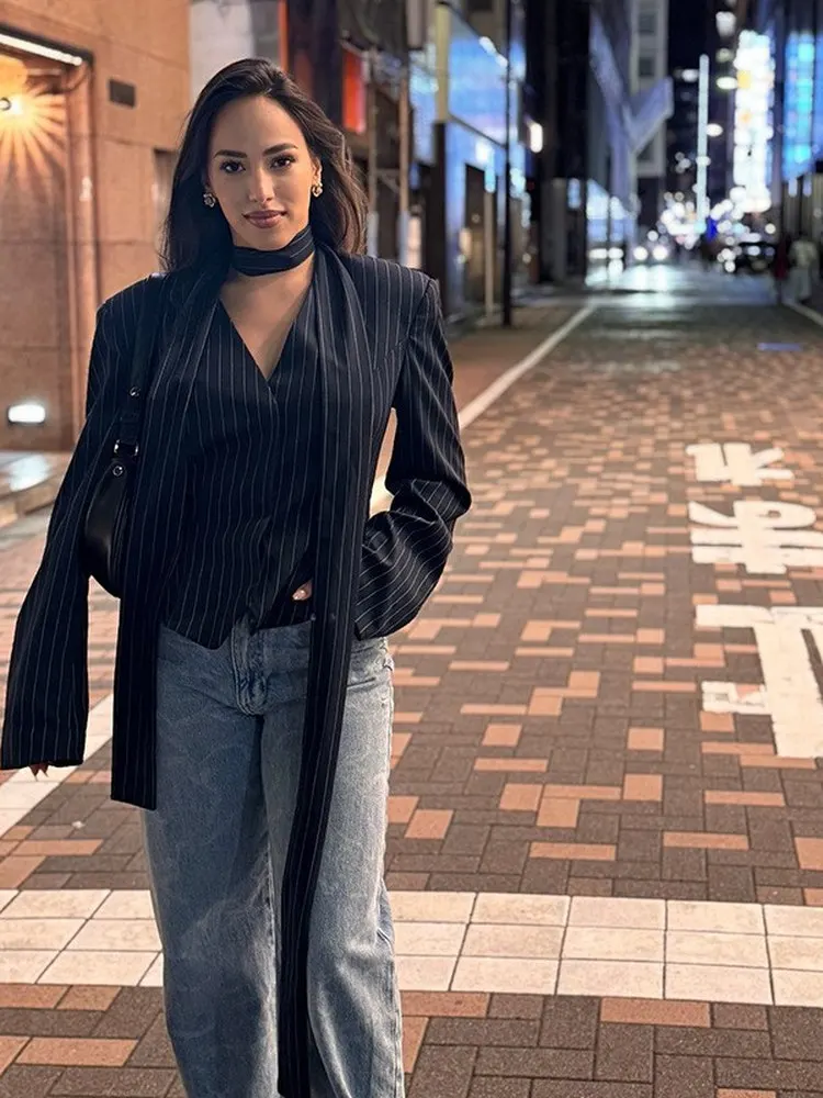 Elegant V-Neck Jacket Skirt Set Commute Scarf Neck Jacket Fashionable Suit Women's Short Length Button up Slim Fit Spring Summer