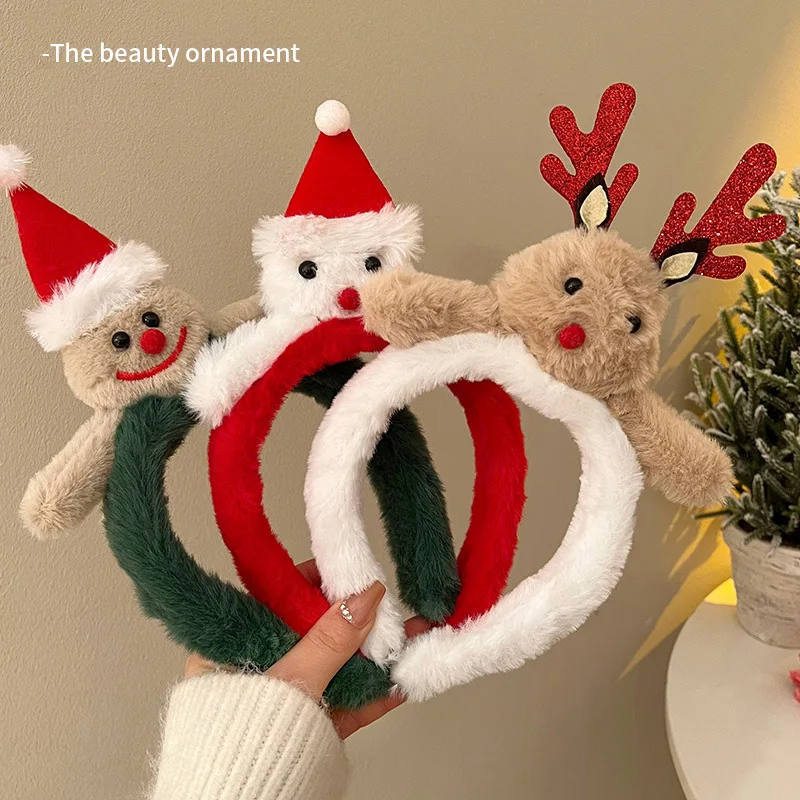 Cute Plush Elk Santa Hat Headband for Women Antler Headband Gingerbread Men Fall Winter Face Wash Christmas Decoration Hair Band