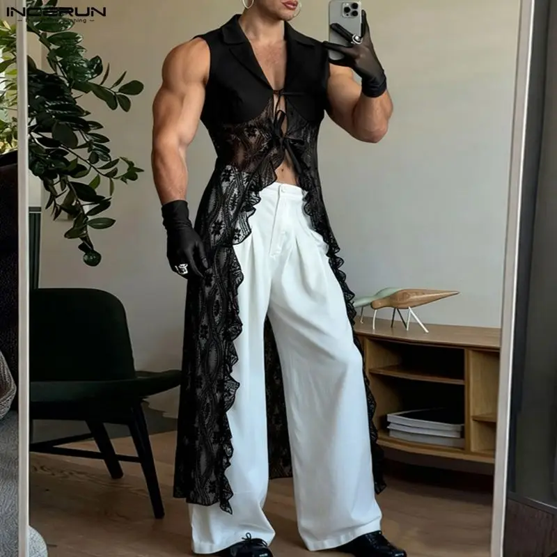 

INCERUN Men Long Style Shirt Lace Patchwork Lapel Sleeveless Men Clothing Lace Up See Through Sexy Streetwear Tops Male Shirts