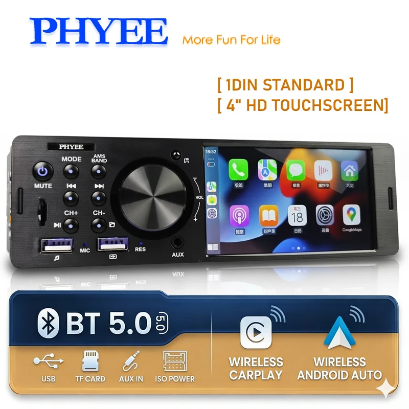 

PHYEE 1 Din 4" Car Radio Wireless CarPlay/Android Auto, Hands-Free Bluetooth, Backup Camera Input, USB/TF/AUX, Head Unit F7805C