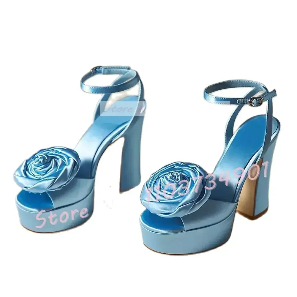 Classy Blue Rose Satin Platform Sandals Female Open Toe Ankle Strap Block High Heels Shoes Women Party Wedding Big Size Sandals image 5