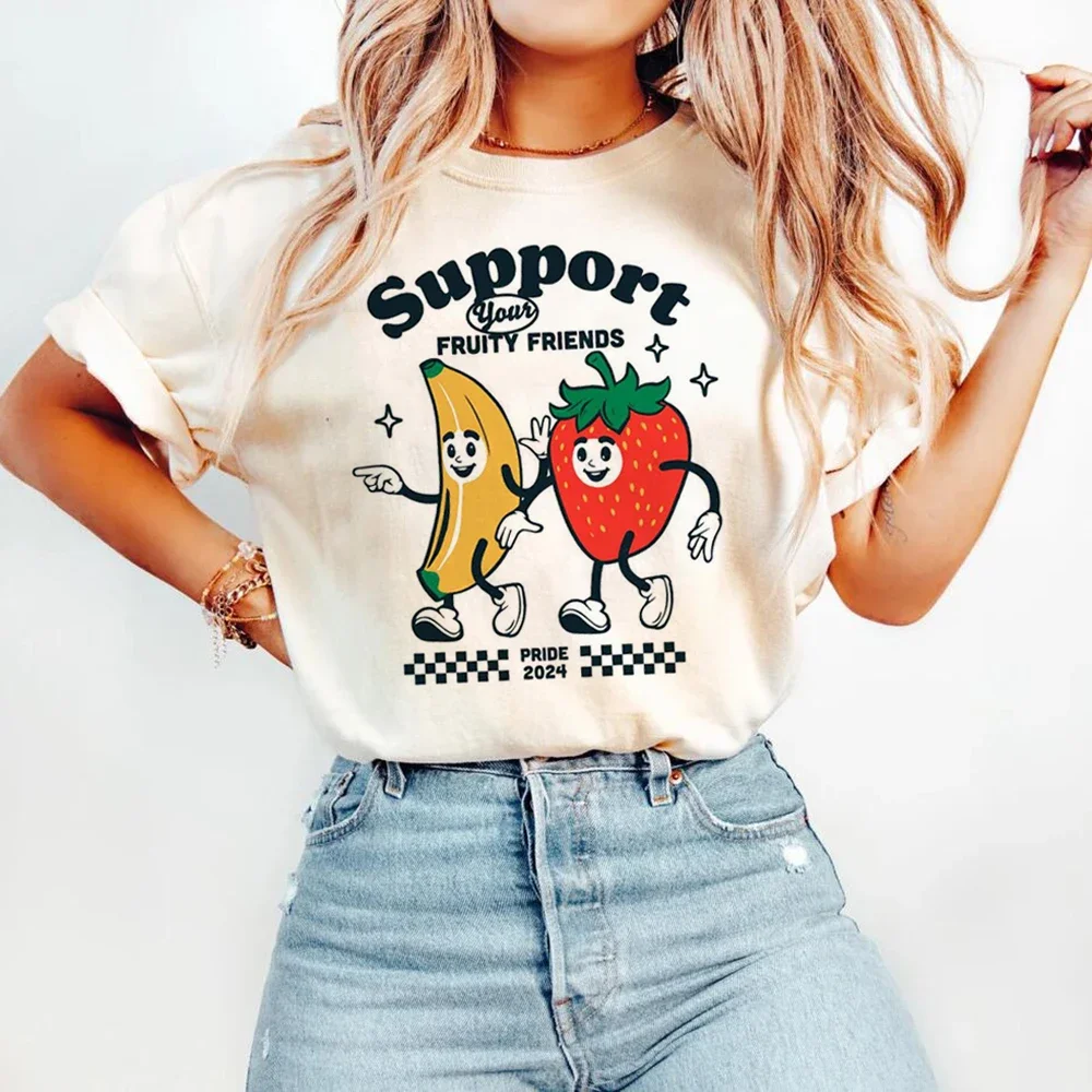 Support Your Fruity Friends Printed T-Shirt Fashion Short Sleeved T-Shirt Top Casual Women Street Trendy Style Summer T-Shirt