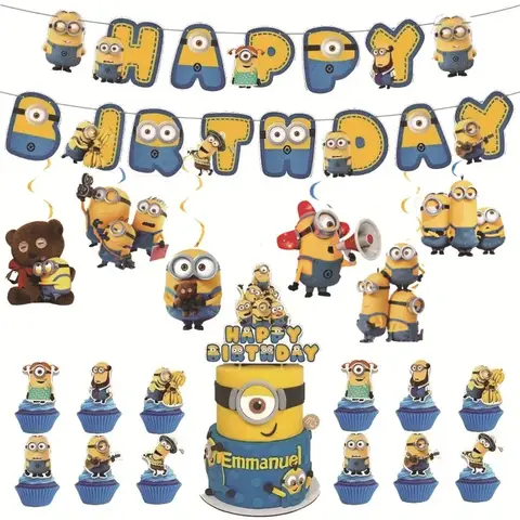 Popular New Party Decoration Supplies Minioned Yellow Banana Happy Birthday Banner Cake Topper Party Decorations