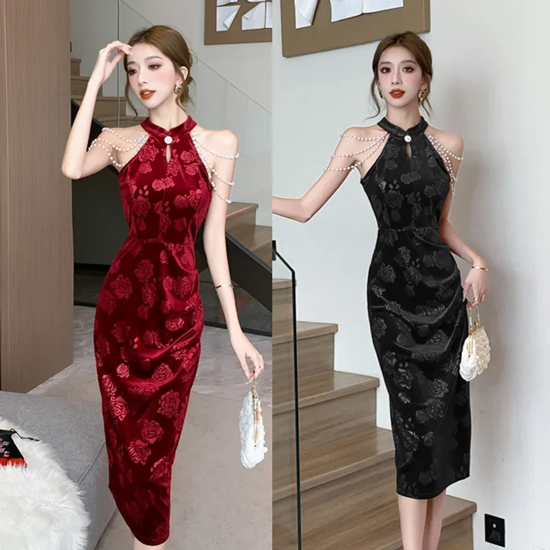 Gaun klub Midi antik untuk wanita gaun Bodycon ramping mutiara Jacquard bunga seksi selutut hitam Burgundy Vestidos De Fiesta