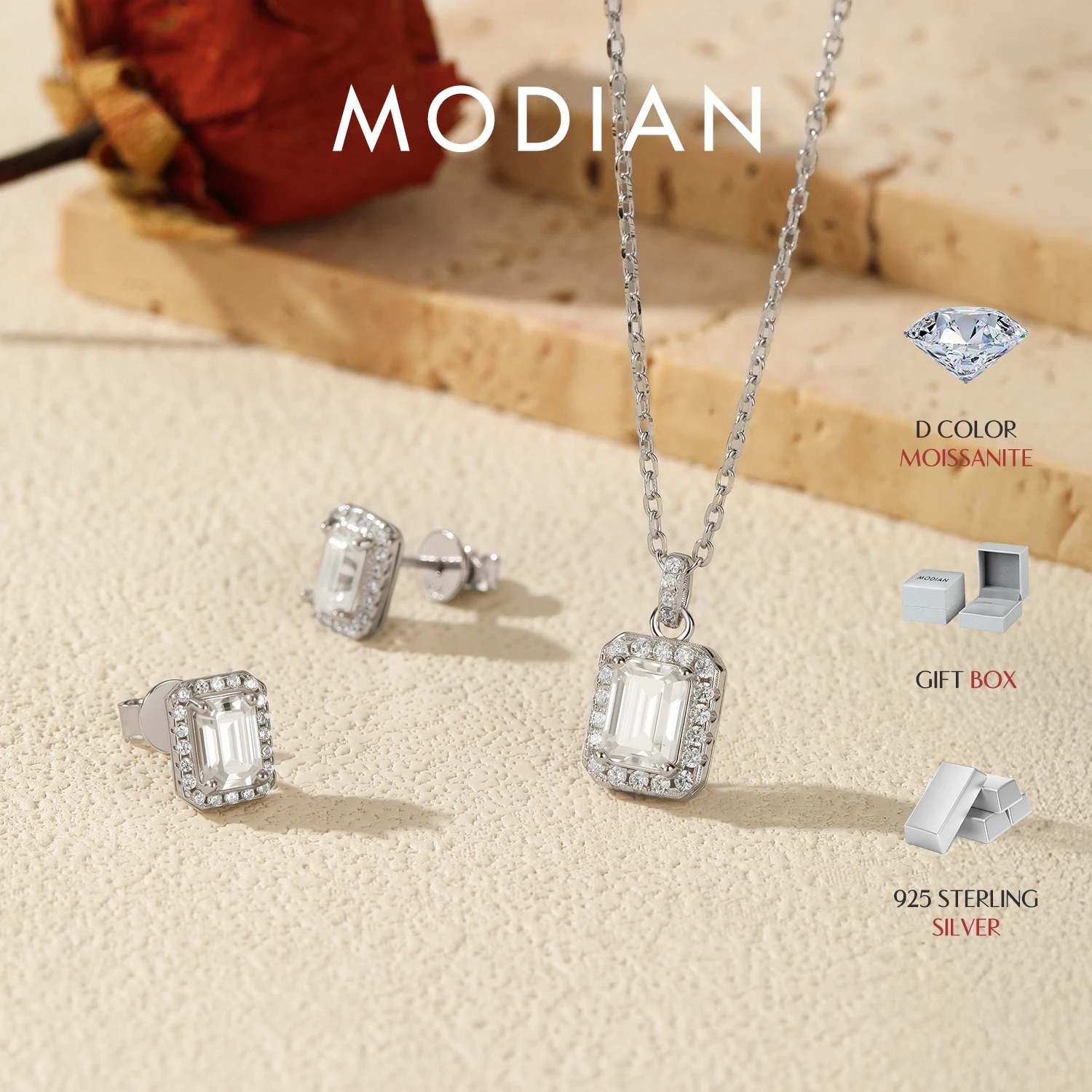

MODIAN Emerald Cut Moissanite Sets 925 Sterling Silver Elegant Pendant Necklace Stud Earrings For Women Bridal Jewelry Set