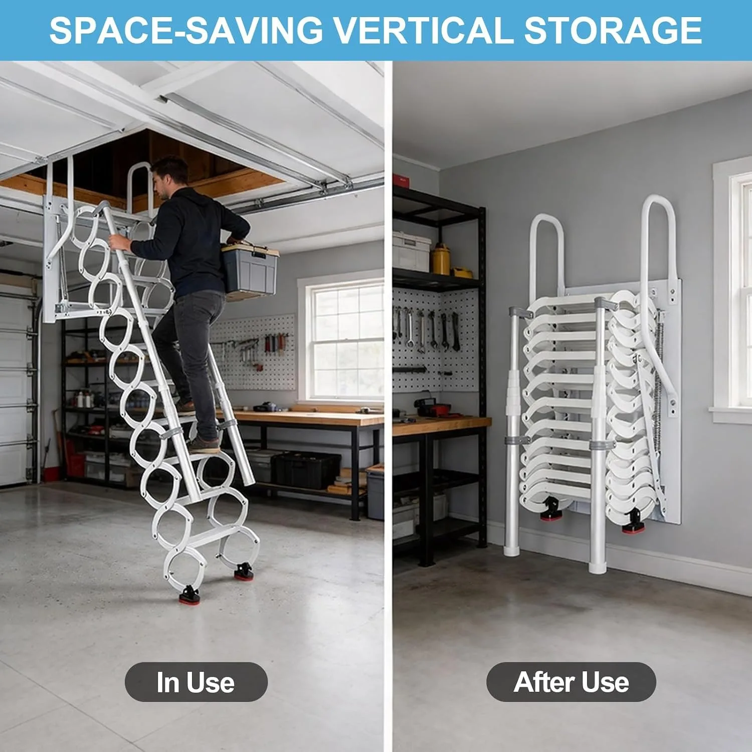 Wall Mounted Attic Ladder, 10-Step Folding Loft Stairs with Dual Handrails, 660 lbs Heavy Duty Pull Down Attic Stairs, Space Saving Retractable Ladder for Garage, Warehouse, Basement, White
