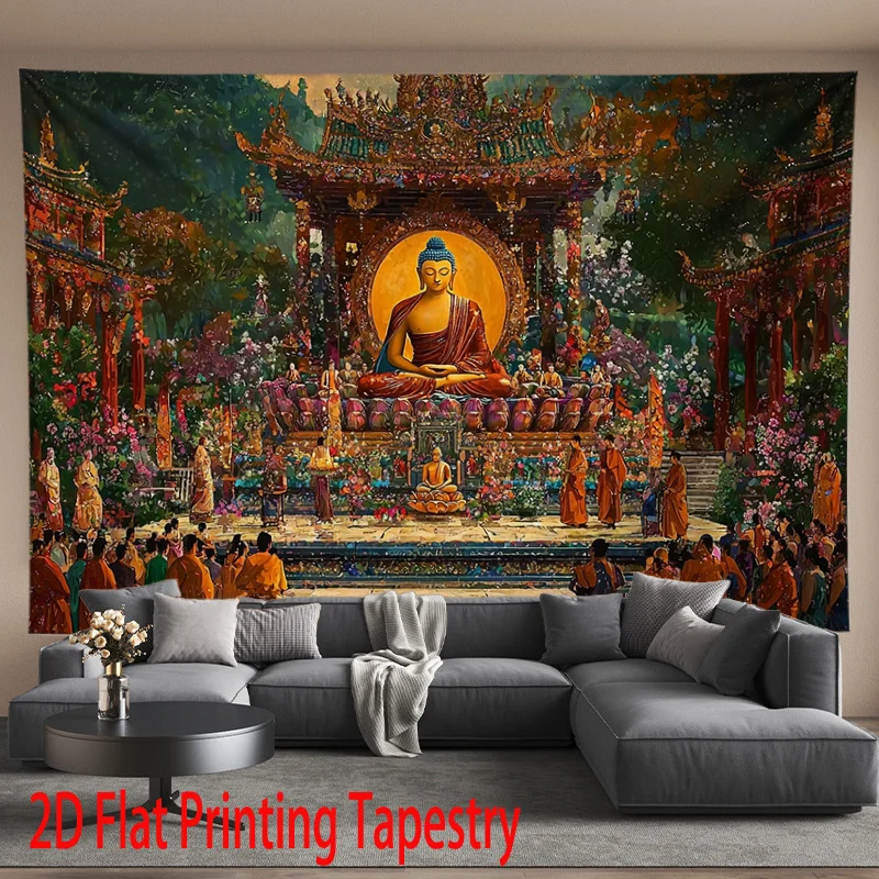 VIKAMA Zen Space Tapestry with Buddha Dharma Teaching Grand Scene Chinese Temple Zen Mural for Living Room and Wall Decor