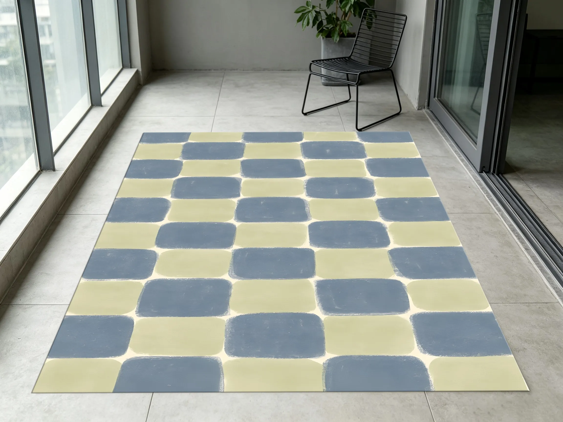 Blue Yellow Rounded Checkerboard Rug, Minimalist Instagram Style Carpet for Living Room Bedroom