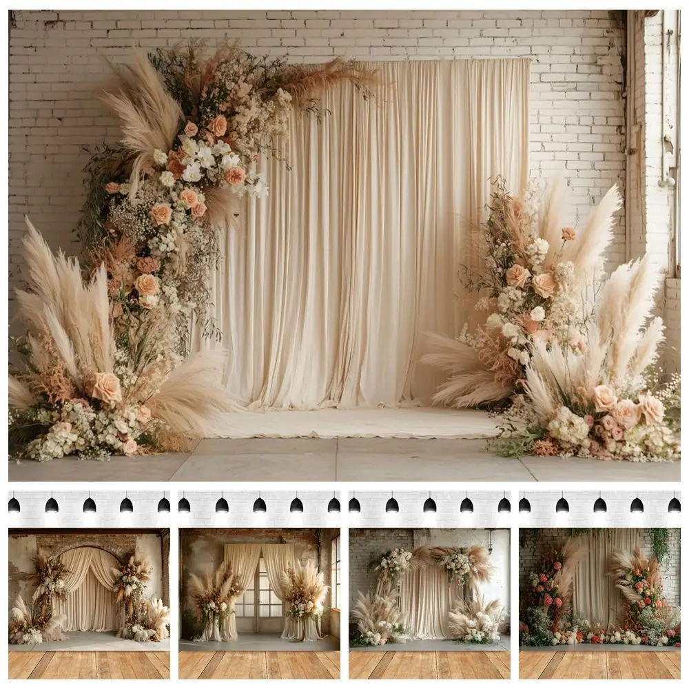 

Boho Pampas Floral Backdrop Bohemian Beige Curtain Flower Adult Birthday Party Wedding Maternity Portrait Photography Background