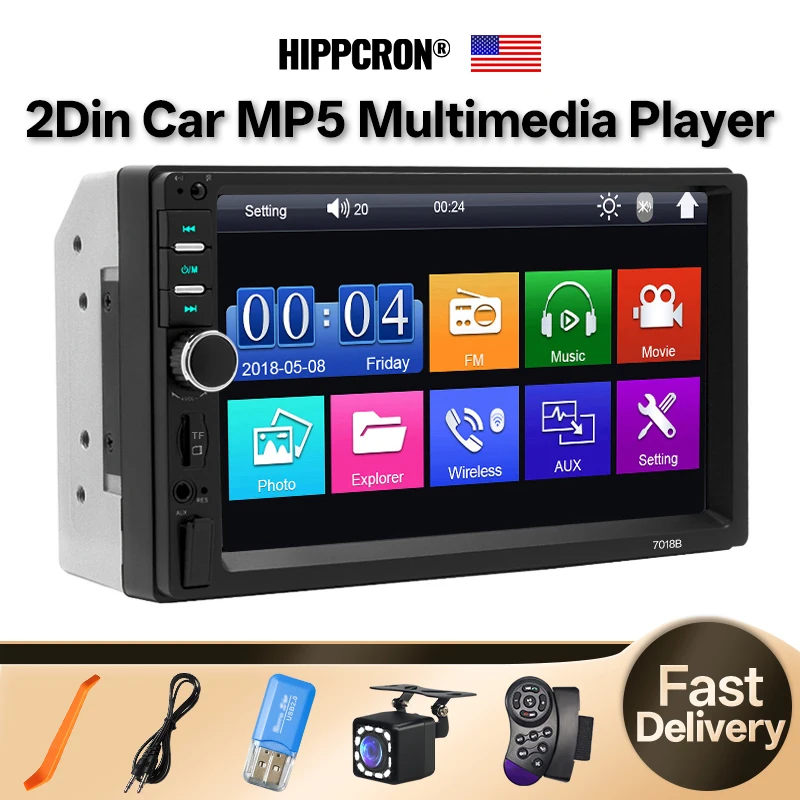 راديو سيارة Hippcron 2Din مقاس 7 بوصة مشغل فيديو للوسائط المتعددة مع كاميرا خلفية تدعم مدخل AUX USB/TF-Card عالمي للمركبات 12 فولت