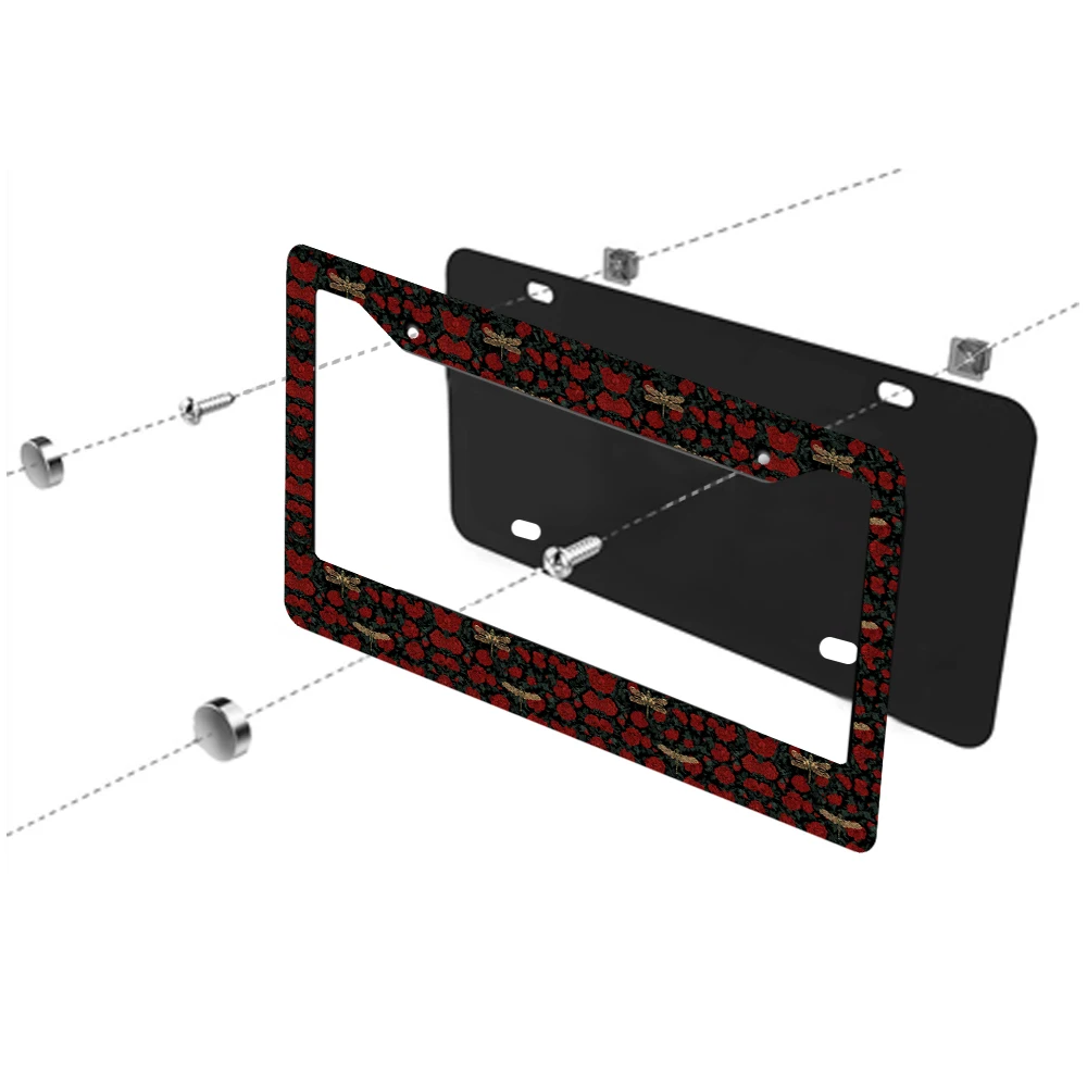 1pc Black Red Rose and Dragonfly Pattern 2 Hole License Plate Frame, Aluminum Material, 6x12 Inches, with Screw Set, Retro Nove