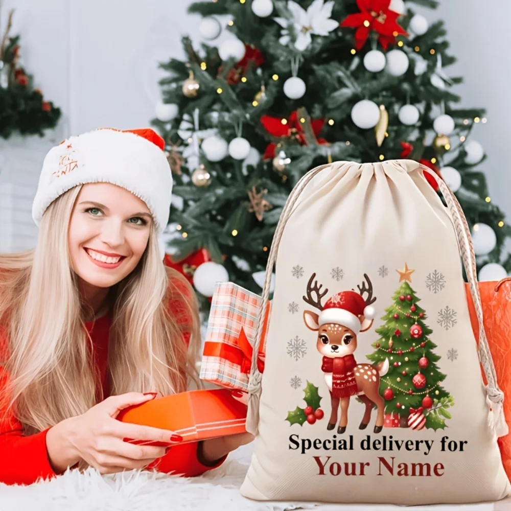 1Pc Custom Name/Text Christmas Imitation Hemp Gift Bag, Xmas Tree Reindeer Theme Drawstring Closure Storage Bags,Party Candy Bag