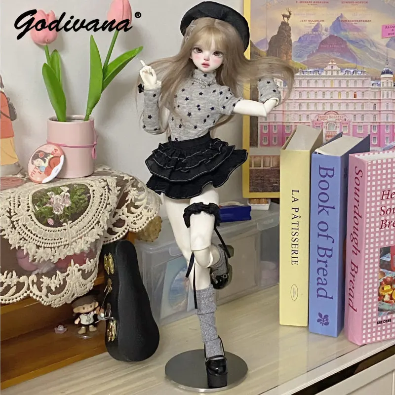 1/4 BJD Doll Clothes Y2K Style Grey Star Printed Turtleneck Top with Arm Warmers and Black Layered Ruffle Skirt Doll Accessory